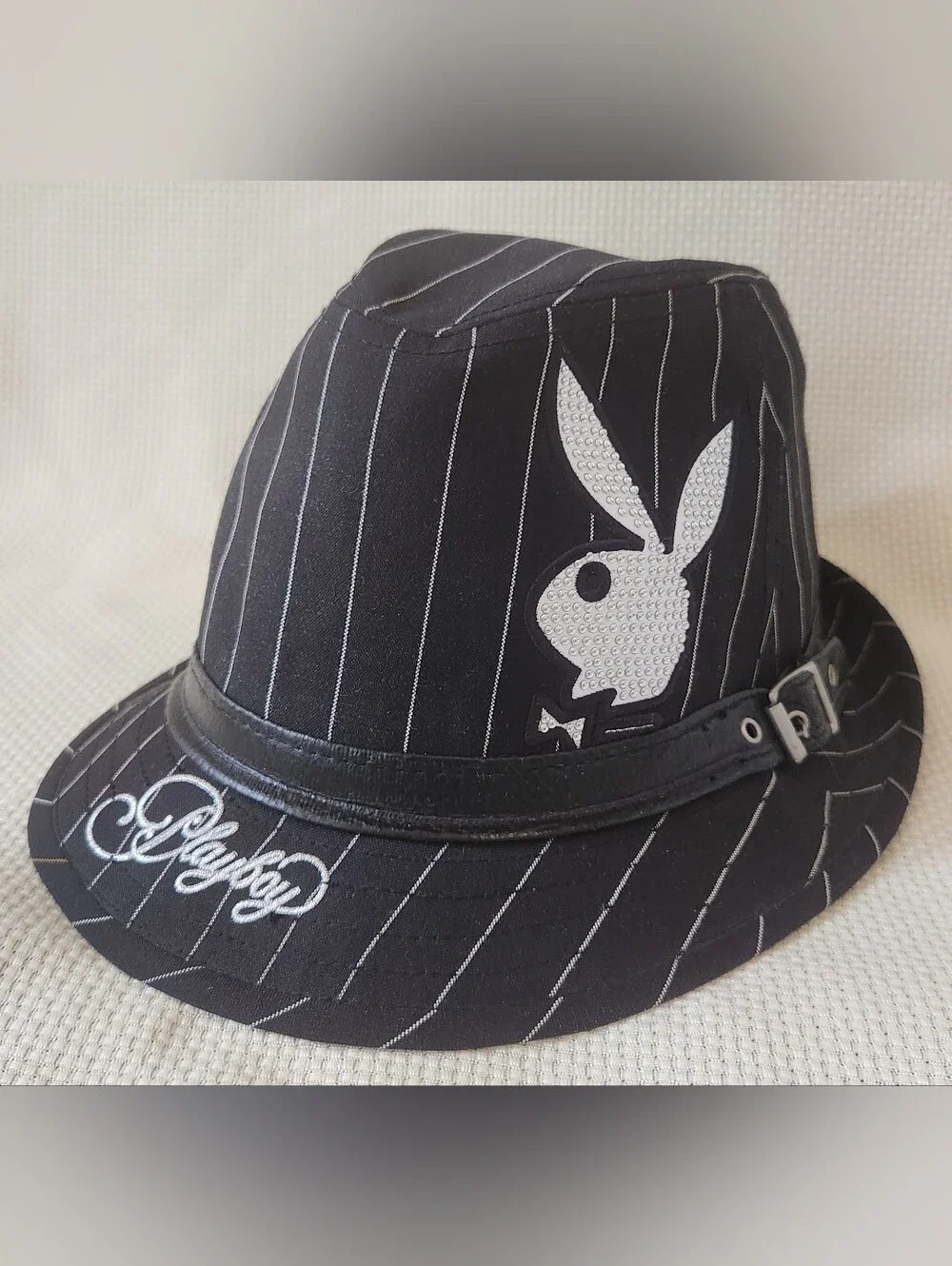 Vintage Y2K Playboy Bunny Pinstripe Fedora Hat Black Silver Metallic McBling S/M